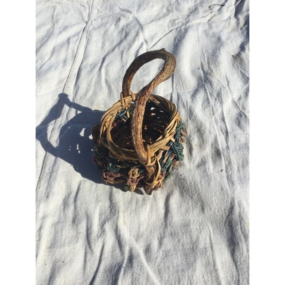 Rustic handmade small‎ basket 7” 7 in brown green bohemian rustic witch fairy